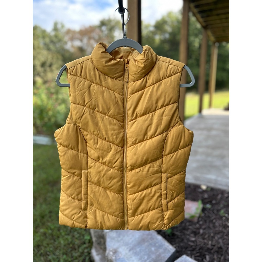 Aeropostale Puffer Vest Womens Medium Mustard Yellow Chevron Quilted Zip